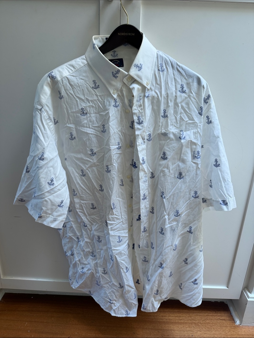 Paul & Shark White Short-Sleeve Button-Down Shirt with Navy Anchor Print